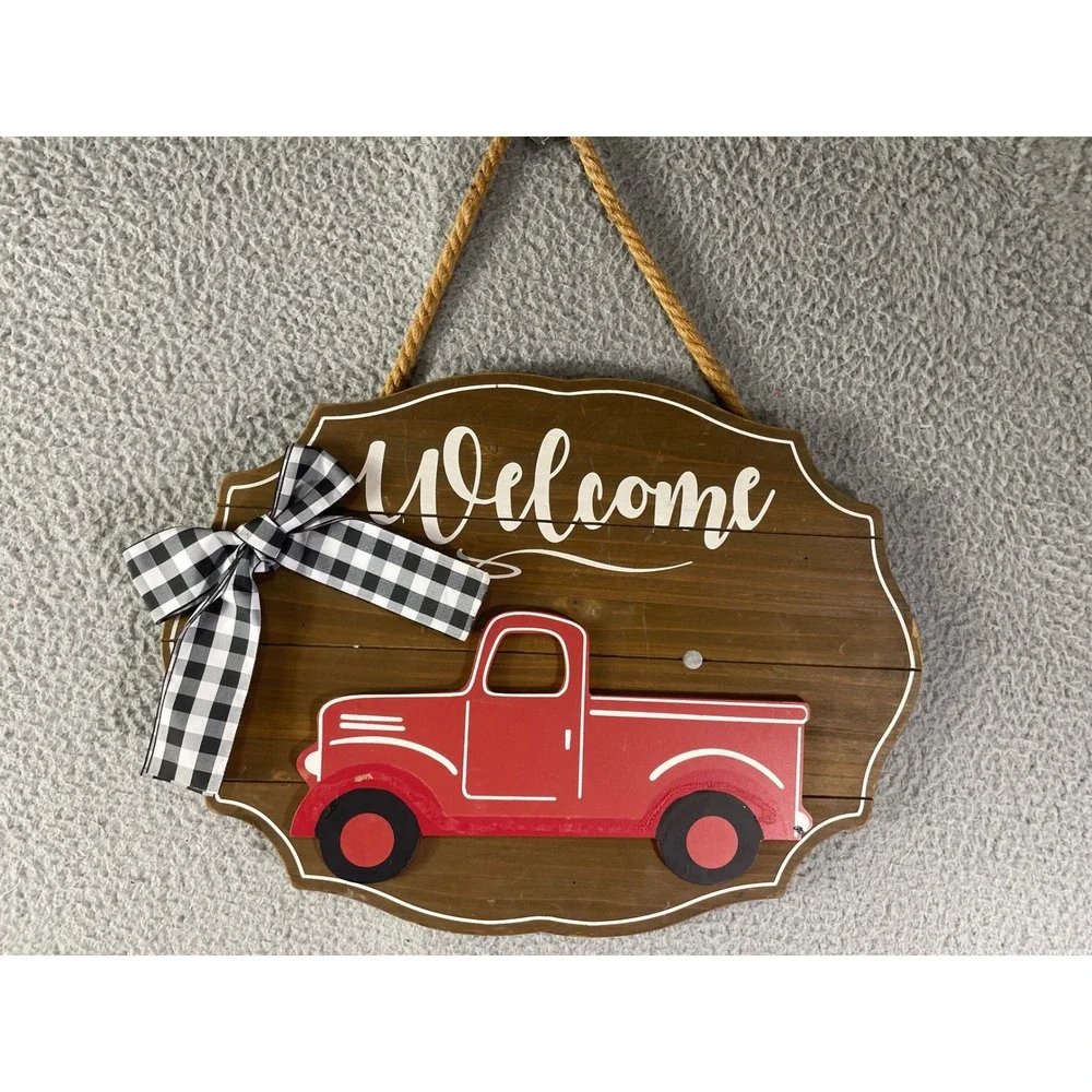 Red Truck Welcome Door Hanger Interchangeable Seasonal Farmhouse Wood Sign